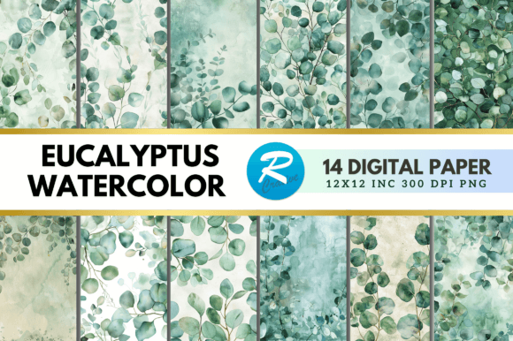 Download Eucalyptus Watercolor Digital Paper Pack - Digital paper pack Collection
